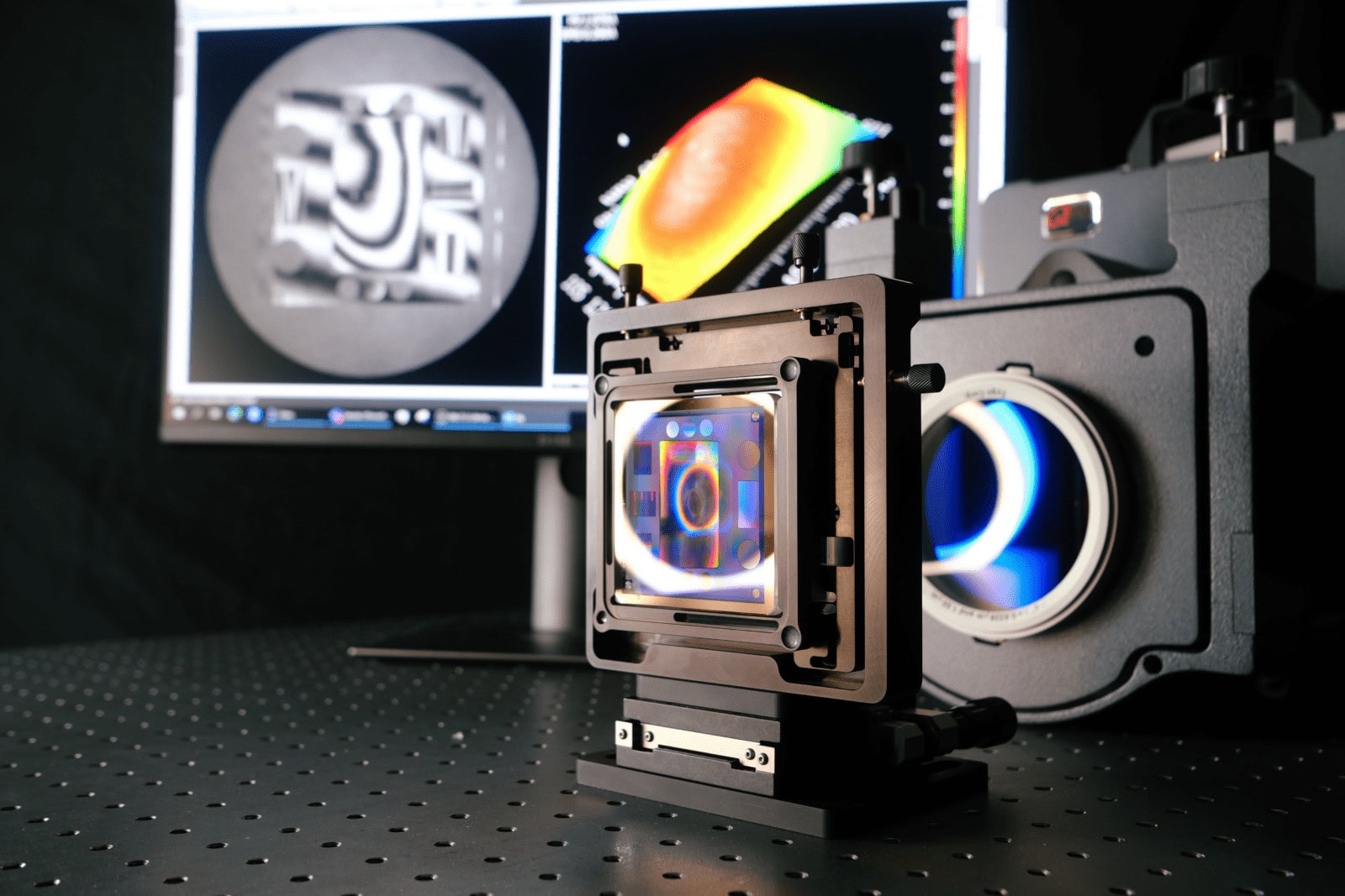 An AOM CGH stands in front of an interferometer with a computer screen showing the fringes and surface map in the background.