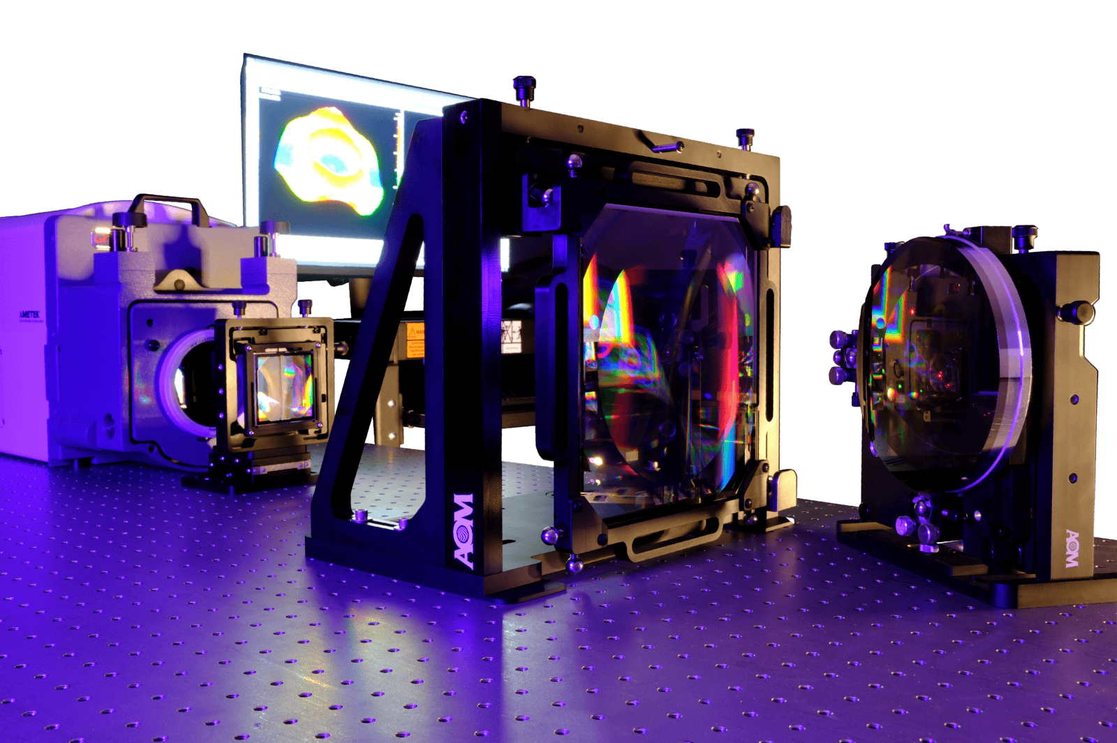 Rainbows reflections on an AOM 9-inch computer-generated hologram (CGH) and a convex even asphere optic in front of an interferometer 