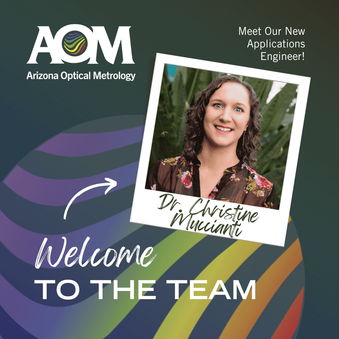 A polaroid style photo of Dr. Christine Muccianti is in front of the AOM rainbow fringe logo with the text Welcome To The Team.